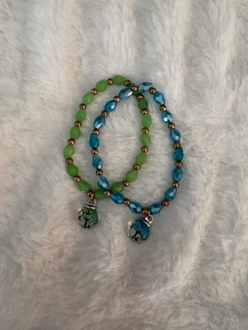 Blue and Green Beaded Charm Bracelet Set - Women Jewelry